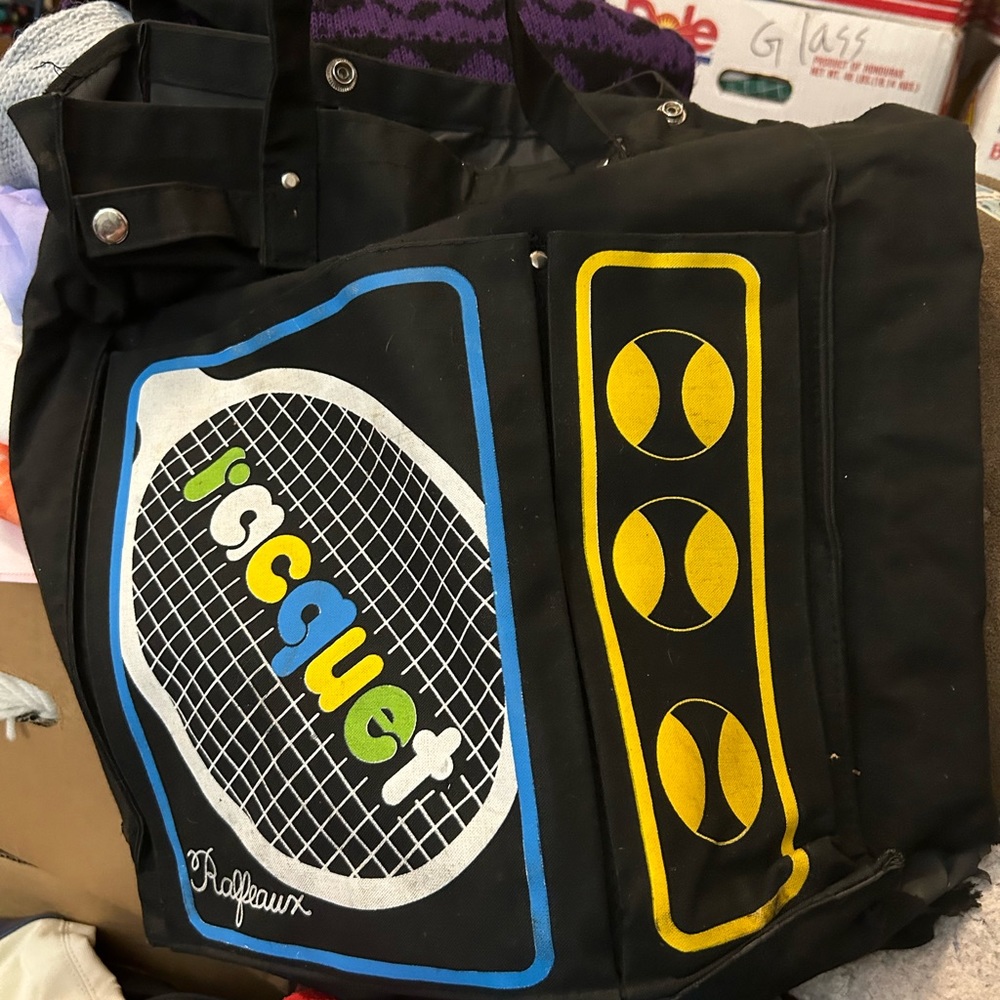 Vintage tote bag. Black with racquet ball design